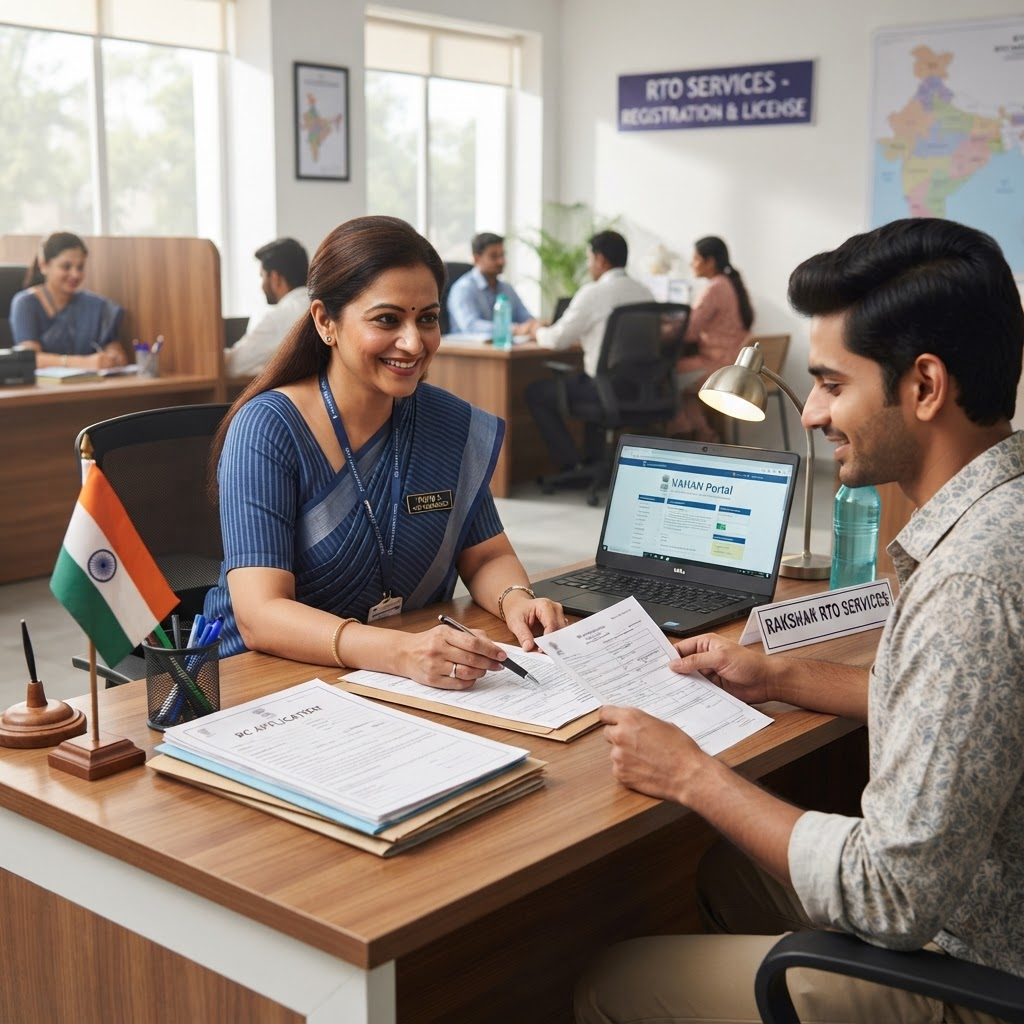 An Indian RTO consultant helping a customer with vehicle paperwork