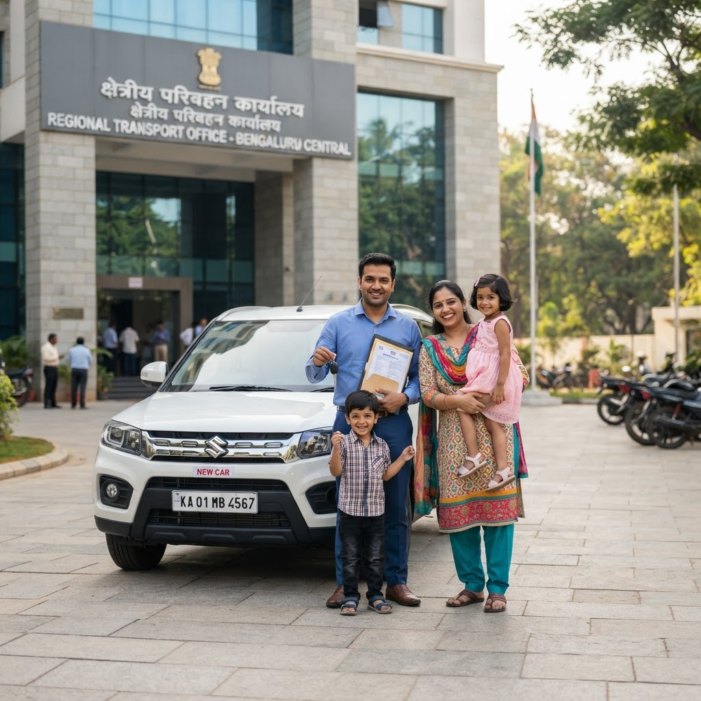 A happy Indian family with their newly registered car outside an RTO office